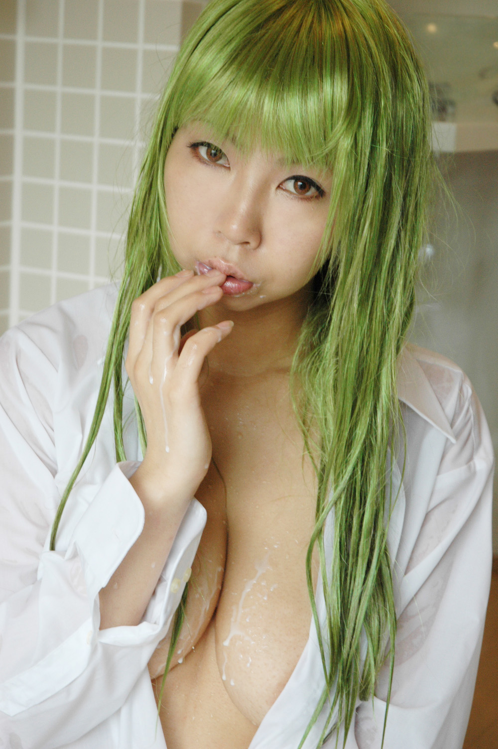 1girl ashiya_noriko asian breasts c.c. cleavage code_geass female green_hair large_breasts long_hair open_shirt solo
