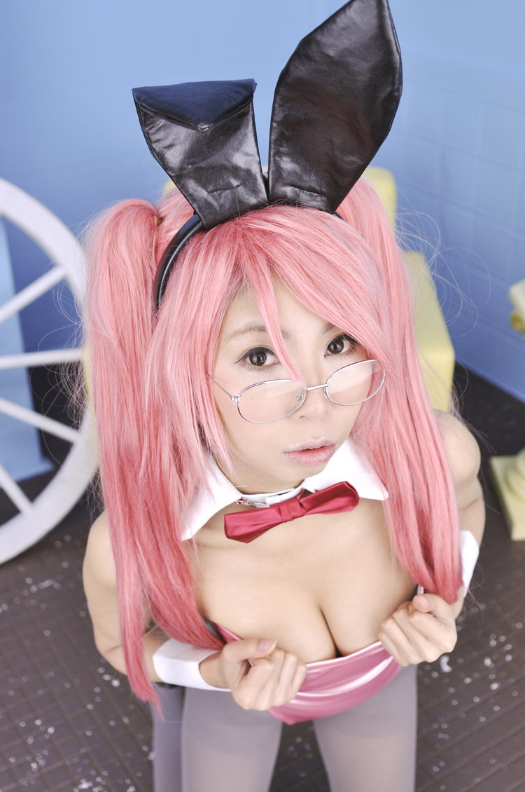 animal_ears asian breasts bunny_girl cleavage female glasses high_heels large_breasts leotard long_hair pantyhose pigtails pink_hair shoes solo