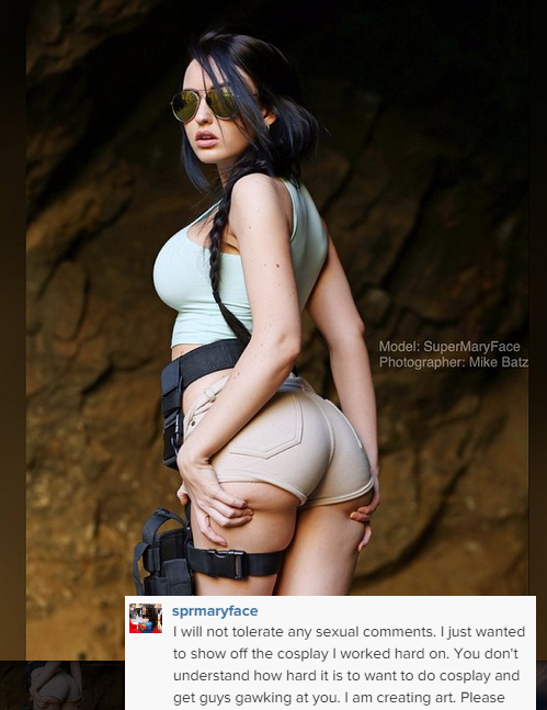 1girl ass cosplay female female_only hair lara_croft_(cosplay) phot screencap solo supermaryface text tomb_raider