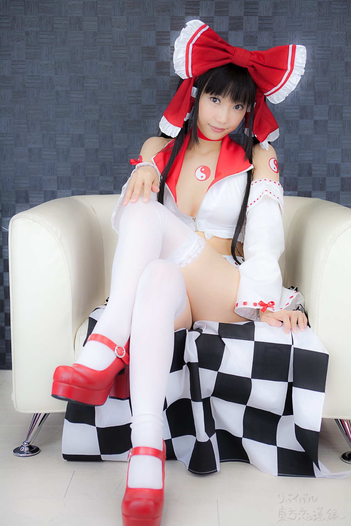 asian belt black_hair breasts cosplay female high_heels long_hair midriff shoes solo thighhighs