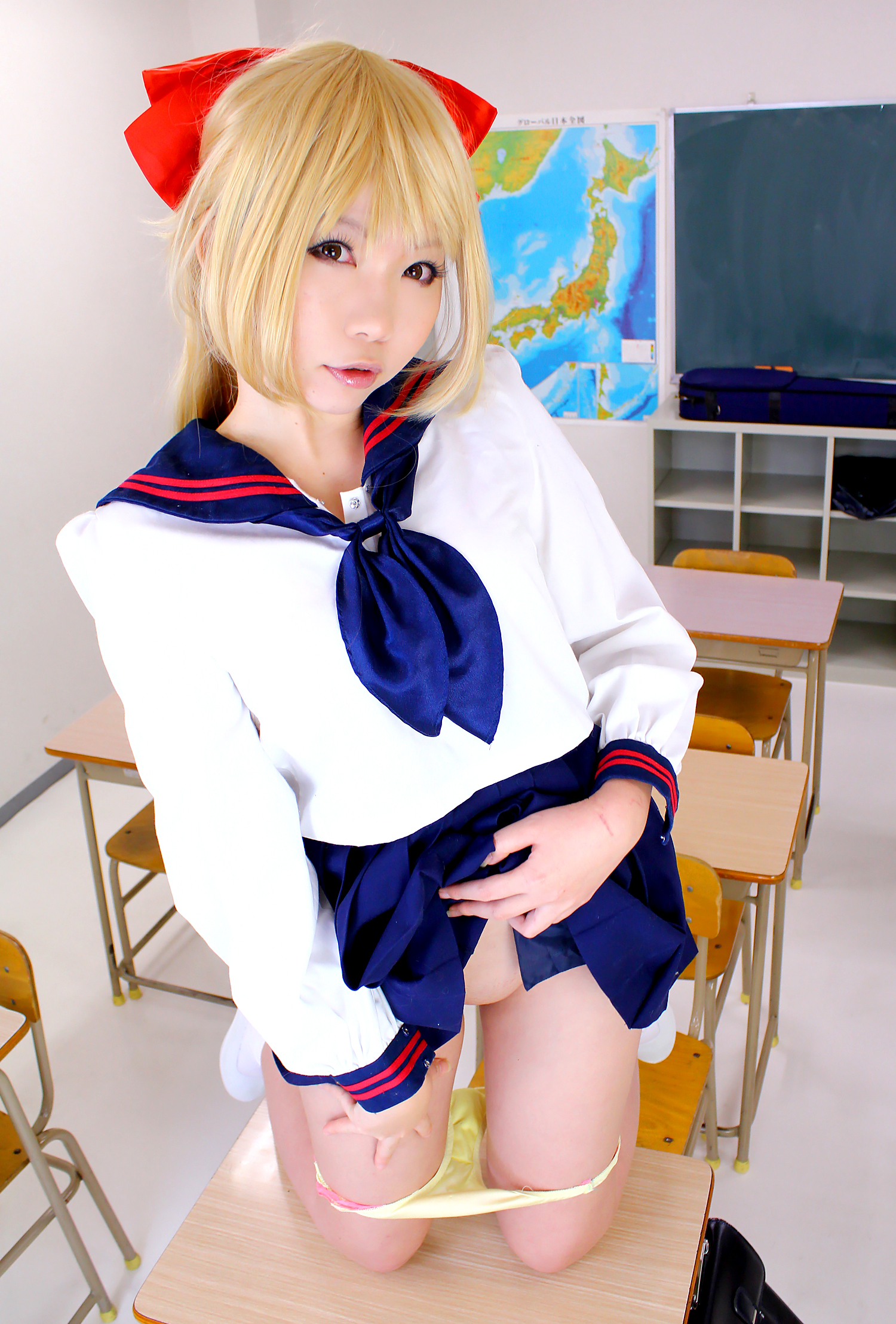asian blonde_hair breasts female long_hair panties ribbon rin_higurashi school shoes skirt socks solo