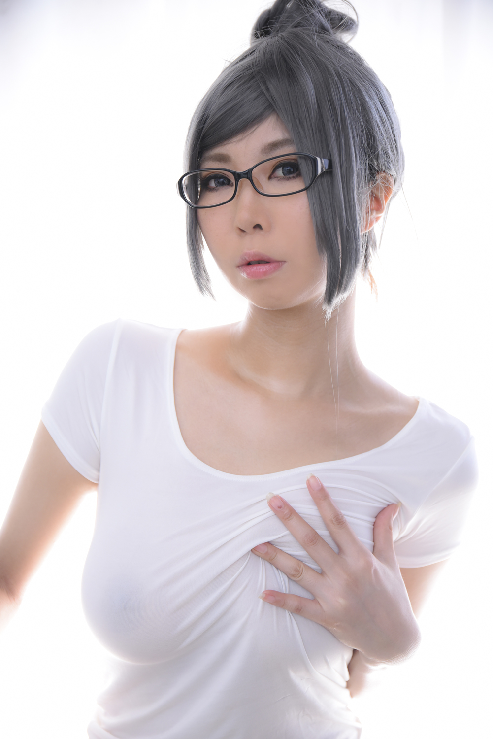 asian breasts cosplay female glasses grey_hair large_breasts long_hair solo