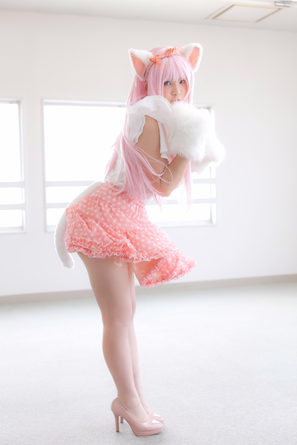 animal_ears asian breasts cosplay enako female long_hair pink_hair solo