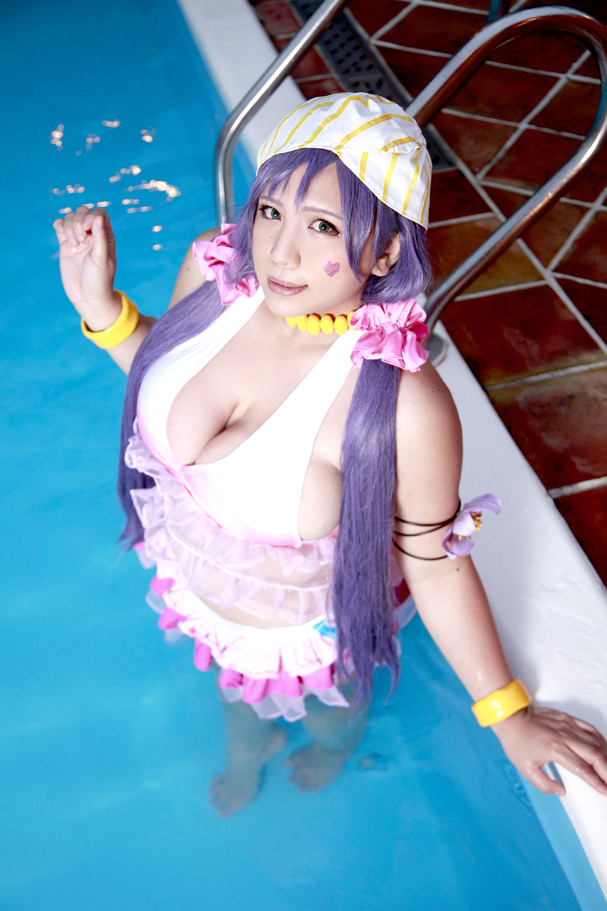 asian breasts chouzuki_maryou cleavage female hat huge_breasts long_hair midriff outside pigtails plump purple_hair shoes solo watermark