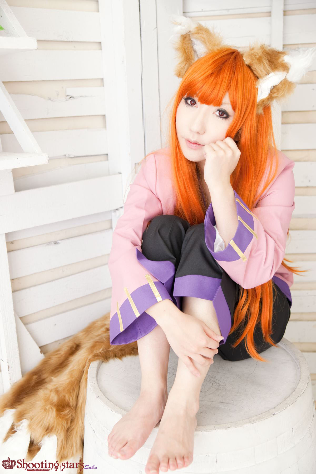 animal_ears asian breasts cosplay female long_hair orange_hair shooting_star solo watermark