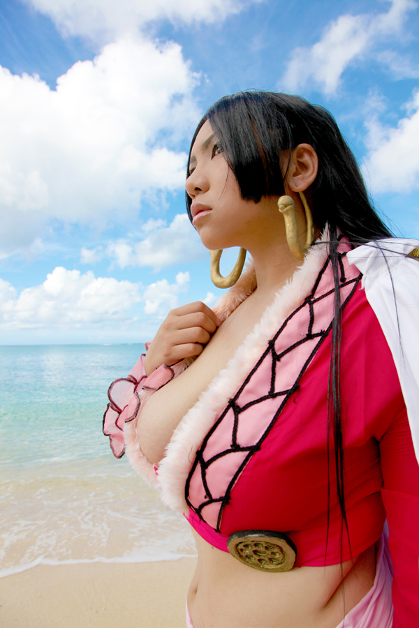 asian beach black_hair breasts chouzuki_maryou cleavage cosplay earrings female high_heels huge_breasts long_hair midriff navel sand shoes solo water