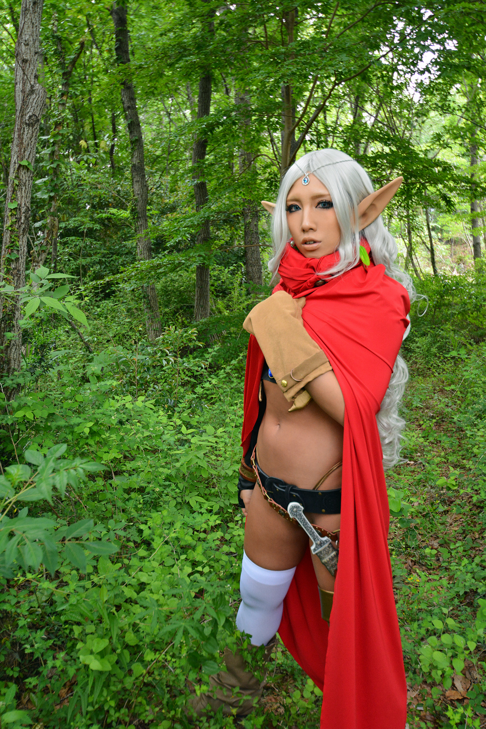 asian bra breasts elf female forest gloves large_breasts long_hair midriff navel nonsummerjack outside panties pointy_ears solo white_hair
