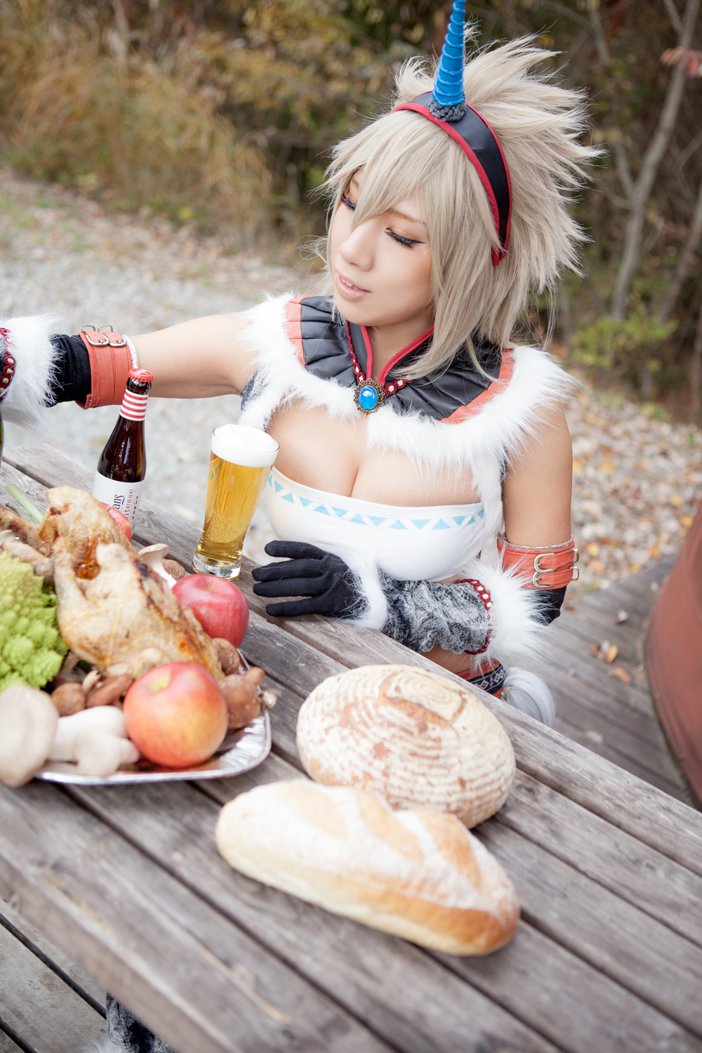 asian blonde_hair breasts cosplay female horn large_breasts midriff navel nonsummerjack short_hair solo