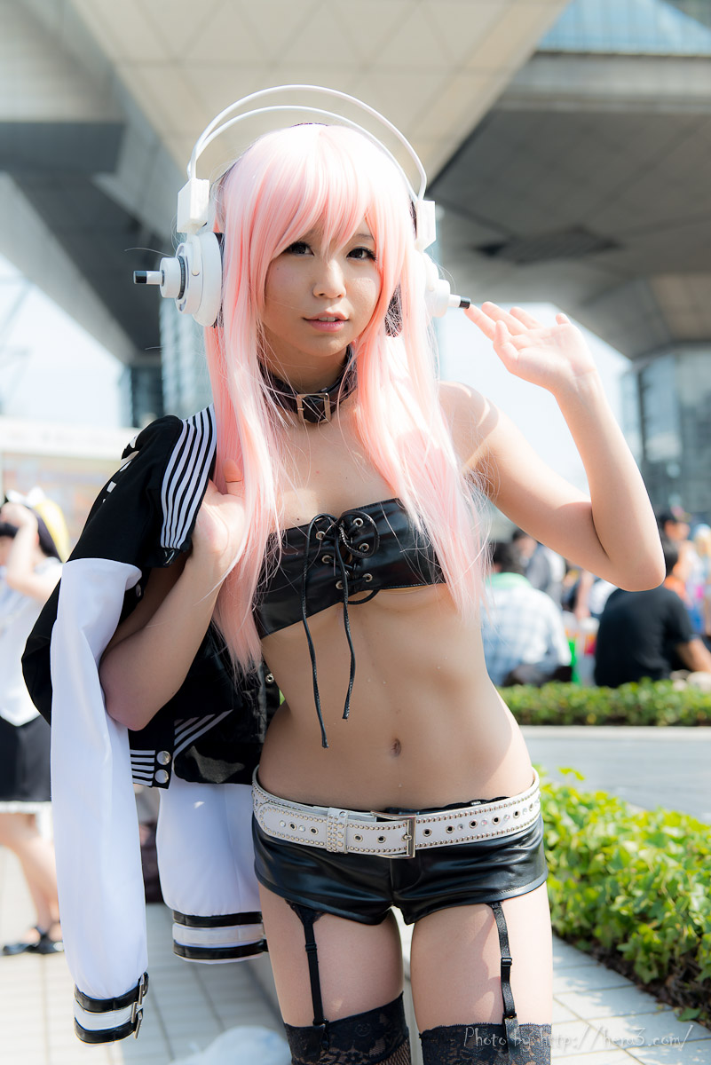 1girl asian black_bra breasts cosplay garter_straps long_hair navel outside pink_hair thighhighs