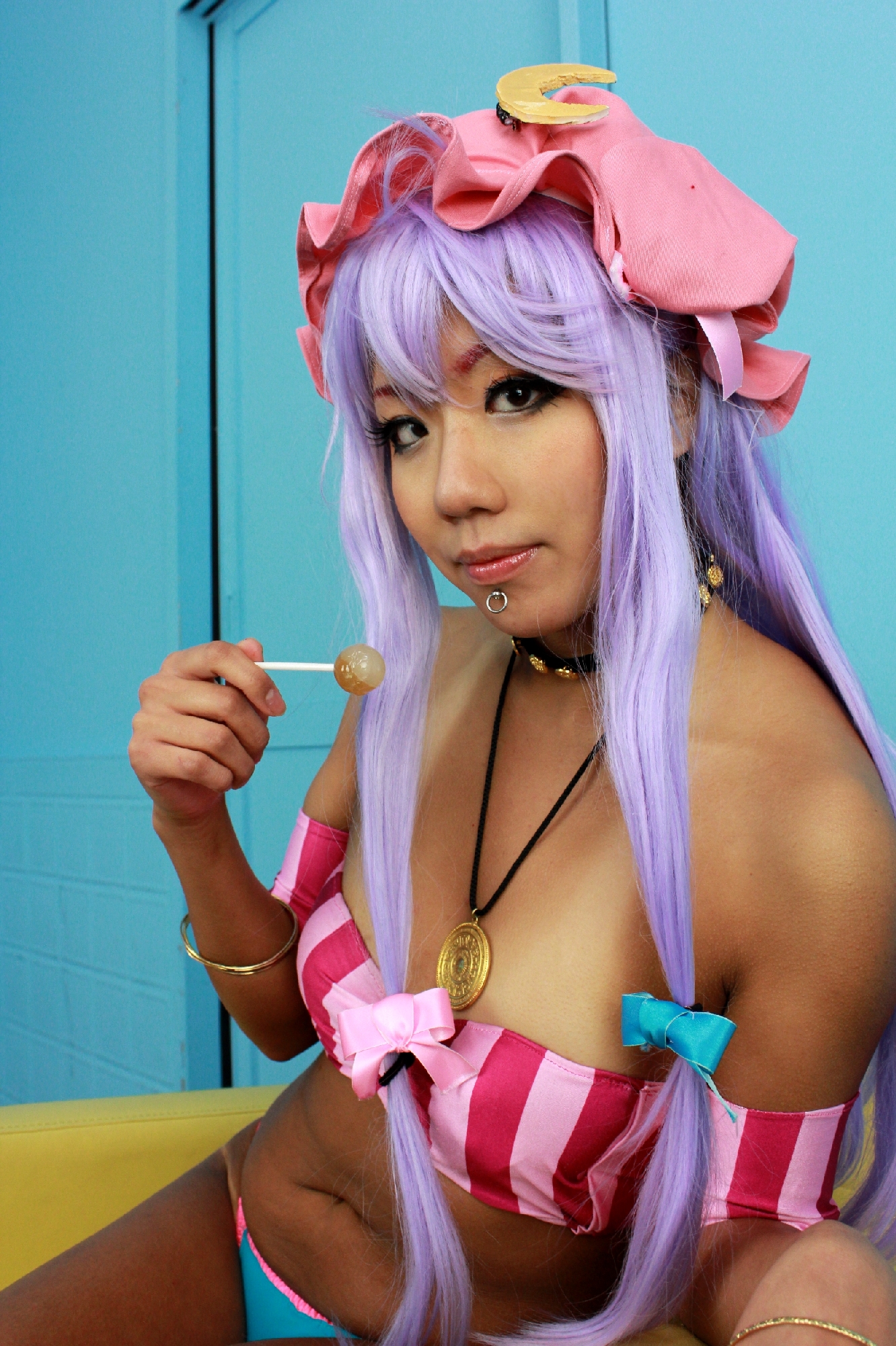 asian breasts cosplay female long_hair purple_hair solo tan tanline
