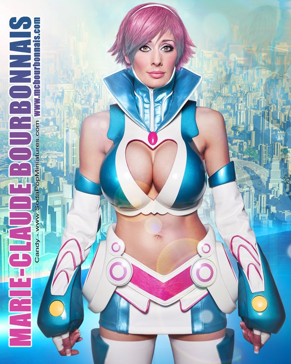 breasts cleavage cosplay female large_breasts marie-claude_bourbonnais midriff navel pink_hair short_hair solo watermark
