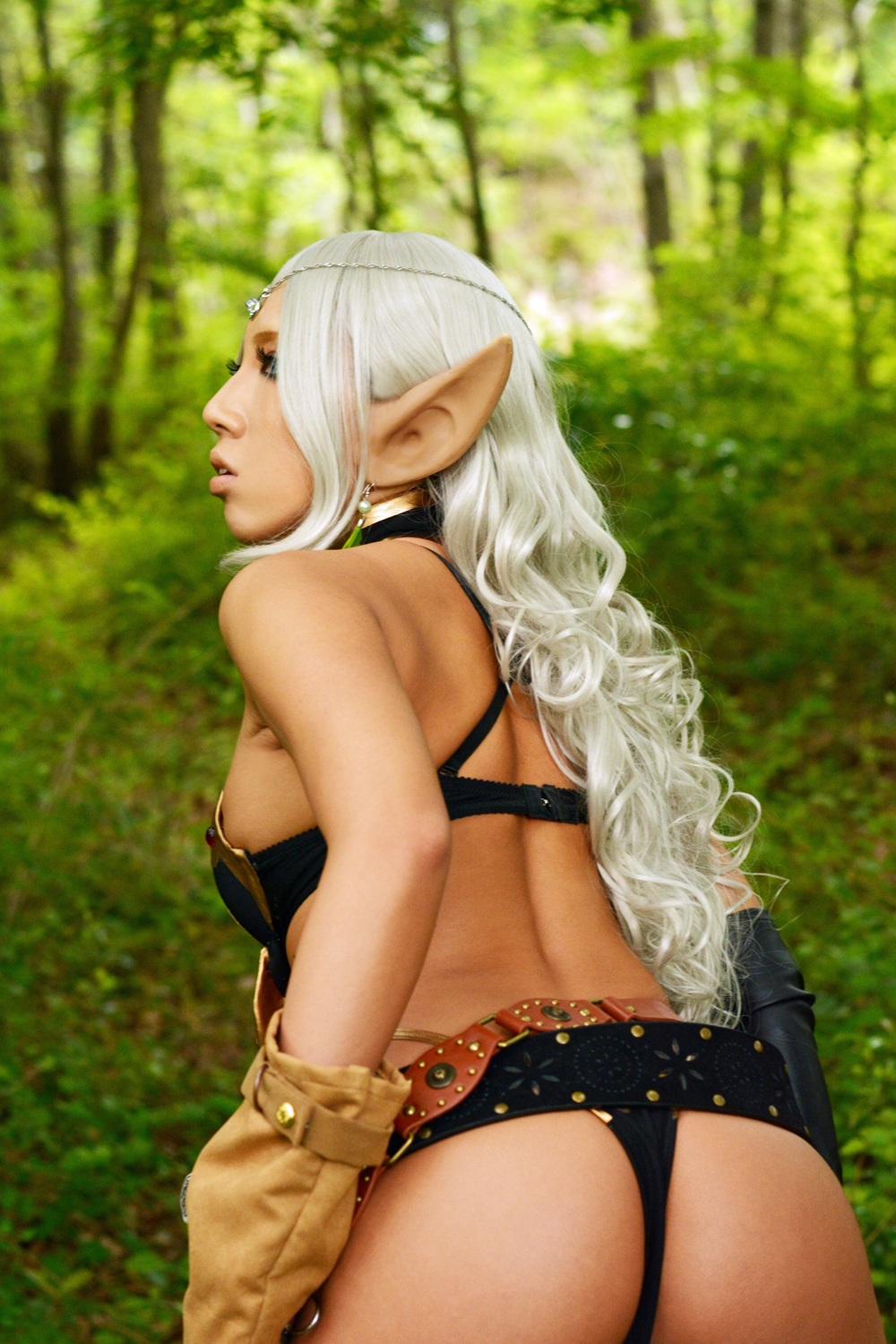 asian ass bra breasts elf female forest gloves large_breasts long_hair looking_back midriff navel nonsummerjack outside panties pointy_ears solo white_hair