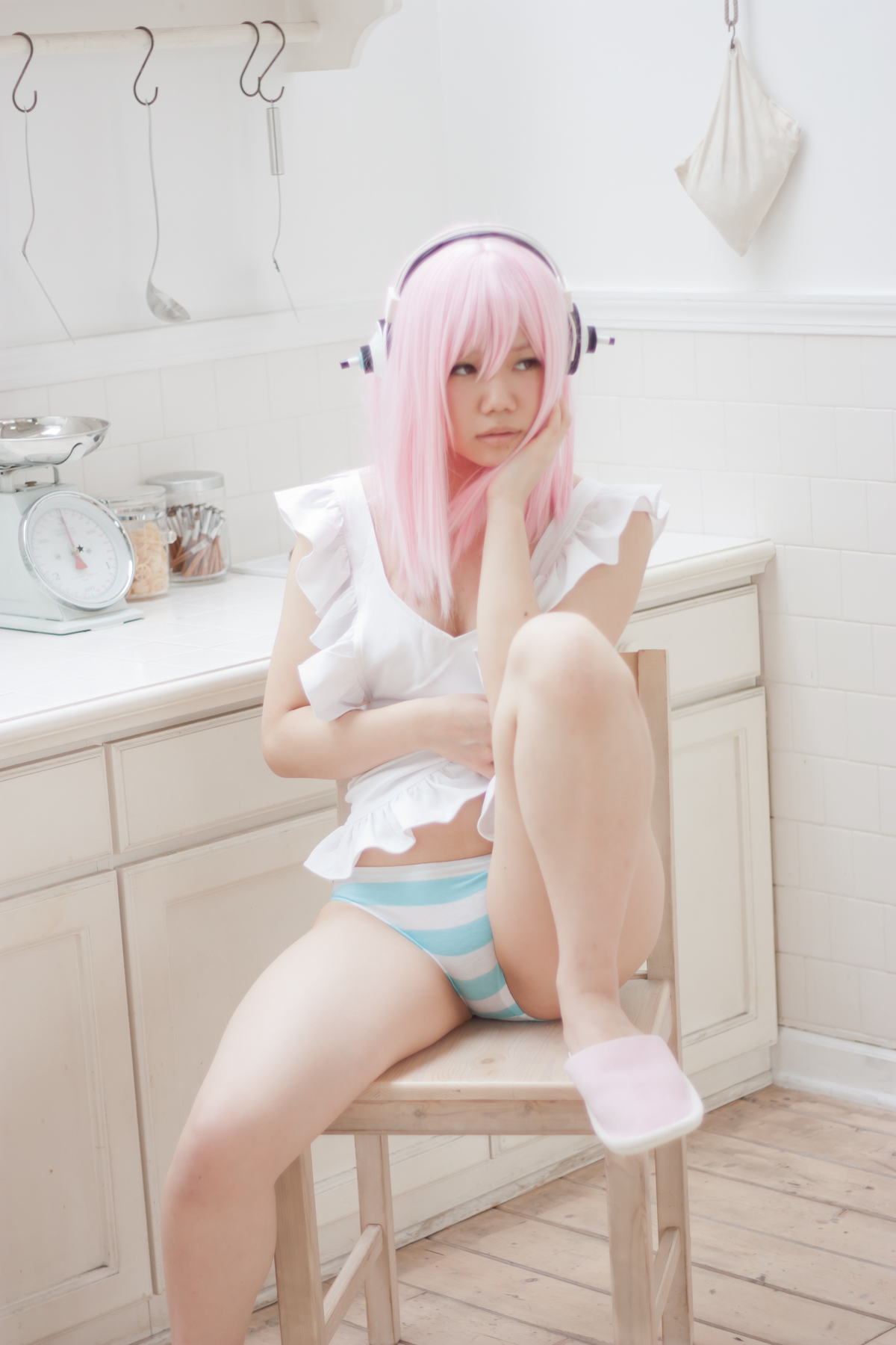 apron asian breasts cosplay female headphones kitchen long_hair panties pink_hair solo