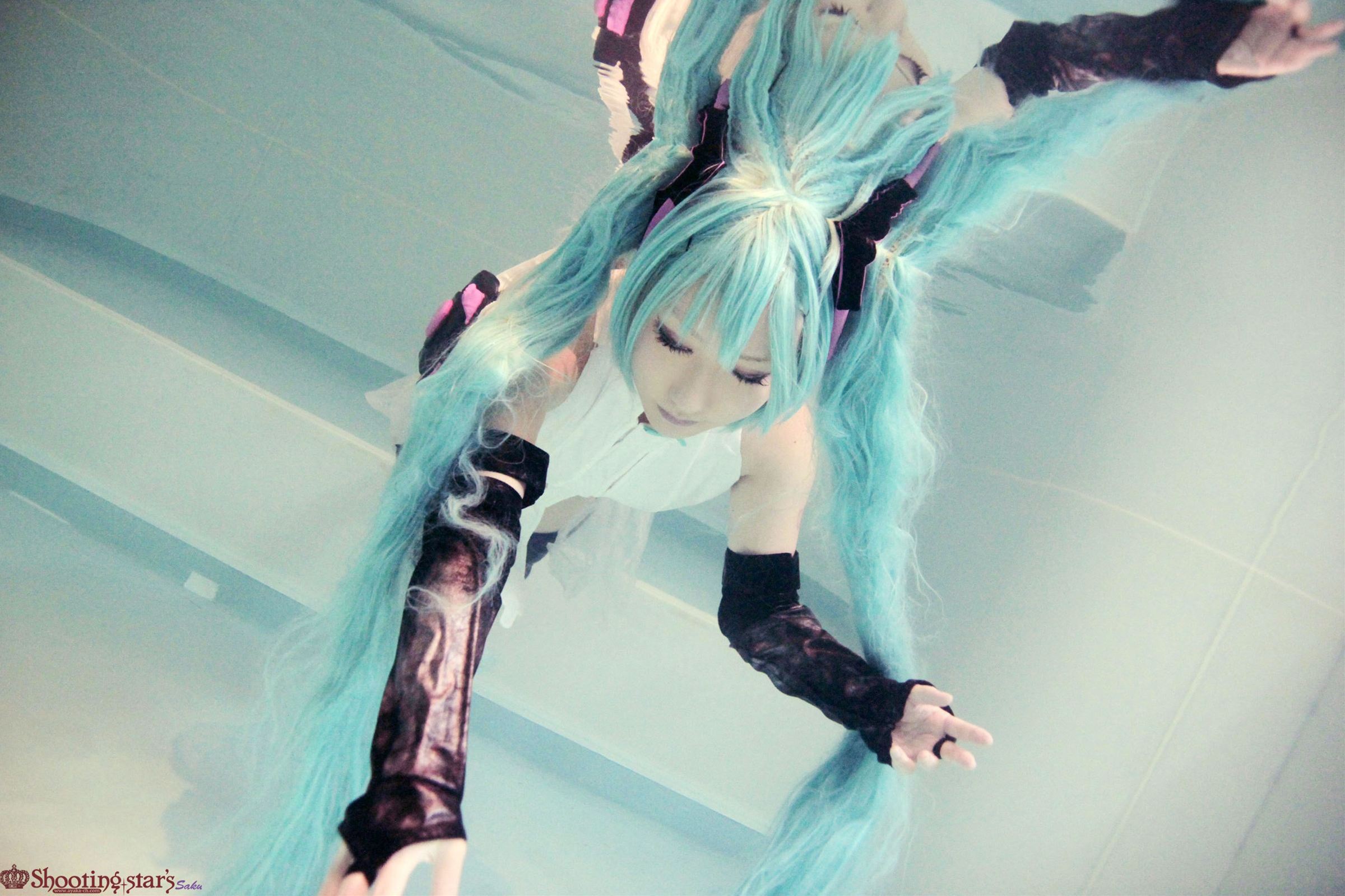 aqua_hair asian breasts cosplay elbow_gloves female gloves long_hair pigtails shooting_star solo watermark