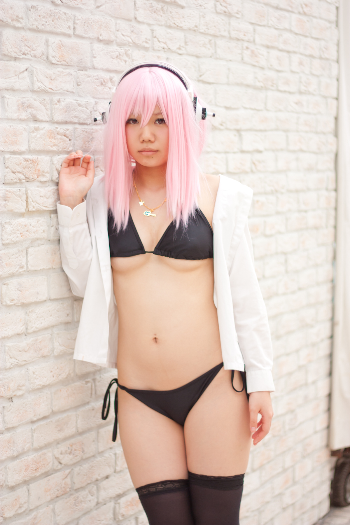 asian bikini breasts cosplay female headphones long_hair pink_hair solo