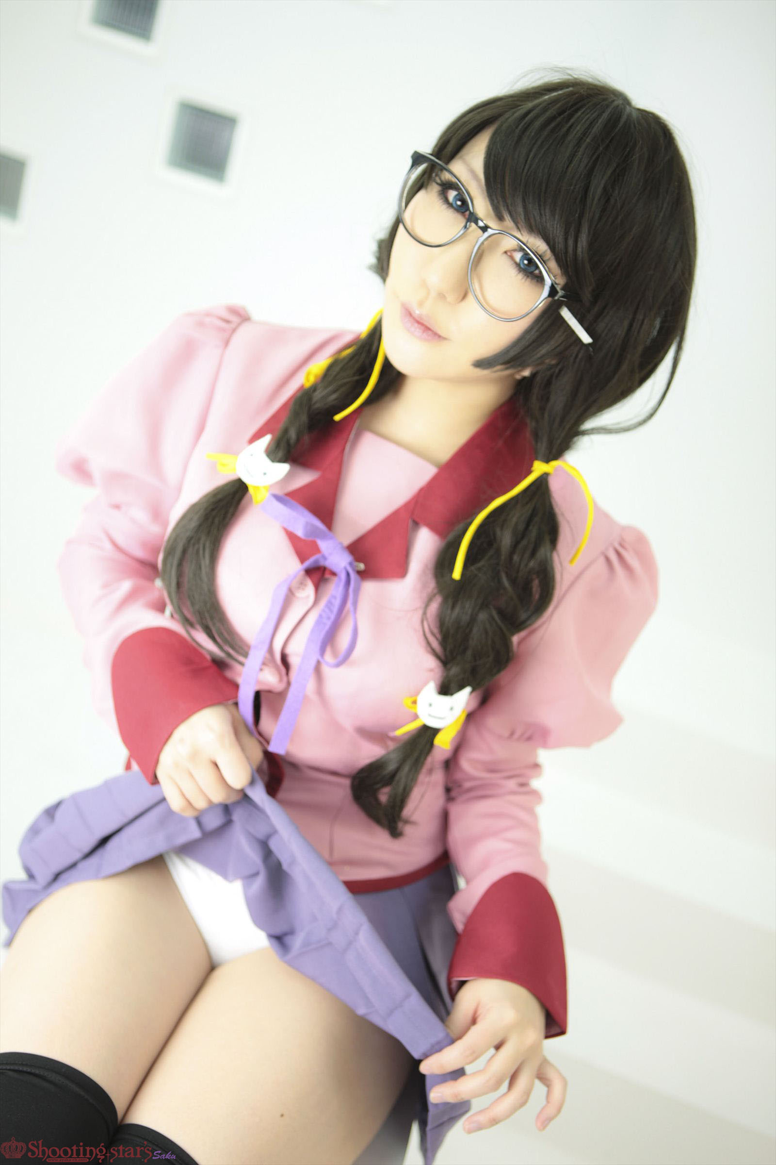 asian black_hair breasts cosplay female glasses high_heels kneehighs long_hair shoes shooting_star skirt solo watermark