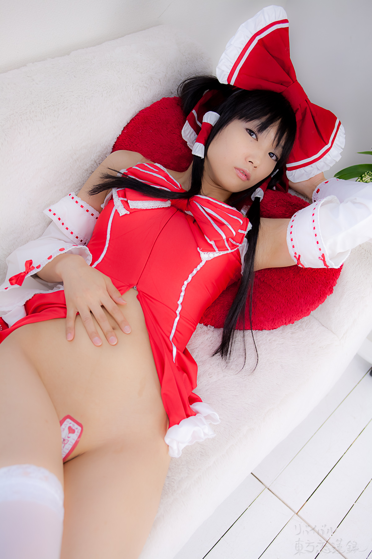 asian black_hair breasts cosplay dress female long_hair no_panties shoes solo thighhighs