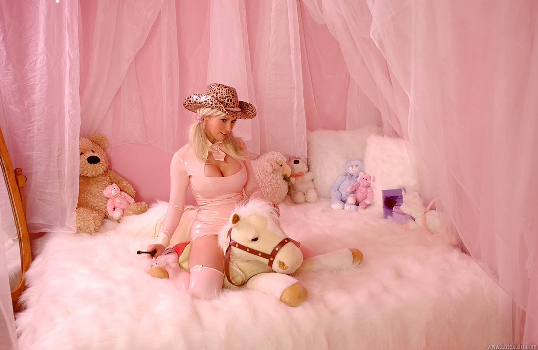 bed bianca_beauchamp blonde_hair breasts cleavage dress female hat large_breasts latex long_hair smile solo thighhighs watermark