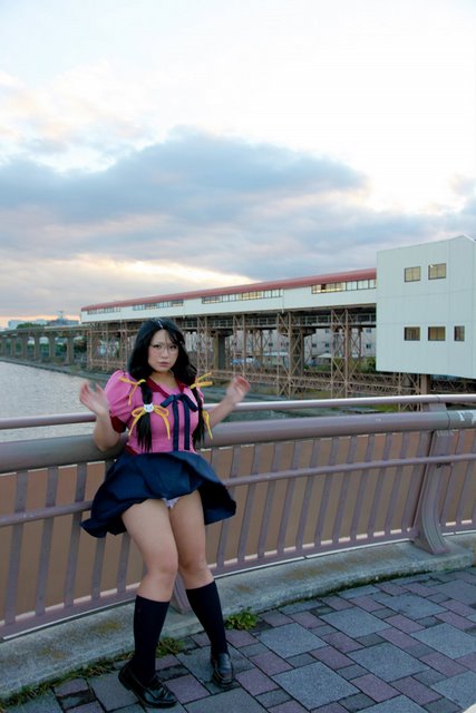 asian black_hair breasts chouzuki_maryou cosplay female glasses huge_breasts long_hair outside shoes skirt socks solo