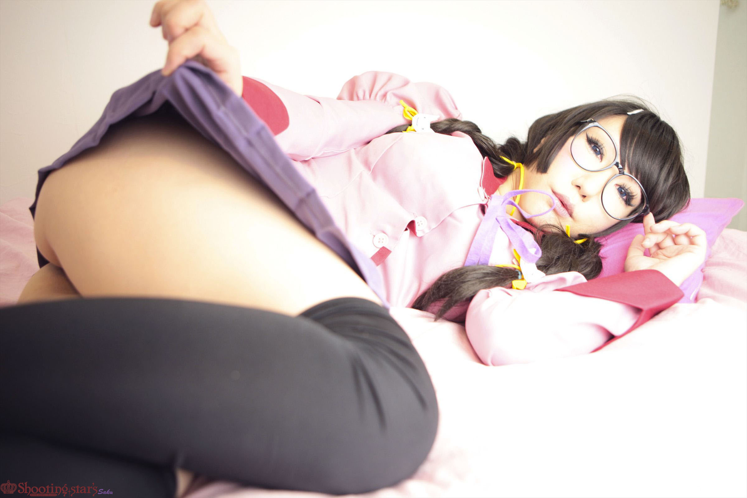 asian black_hair breasts cosplay female glasses high_heels kneehighs long_hair shoes shooting_star skirt solo watermark