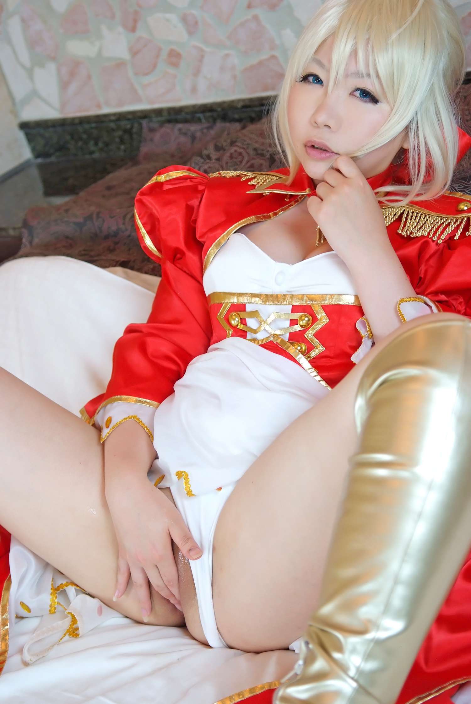 asian bed blonde_hair boots breasts censored cosplay dress female fingering high_heels long_hair lying masturbation panties pussy solo