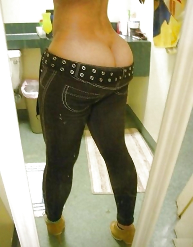 ass bathroom belt butt_crack clothed female high_heels huge_ass jeans no_panties shoes skin_tight solo