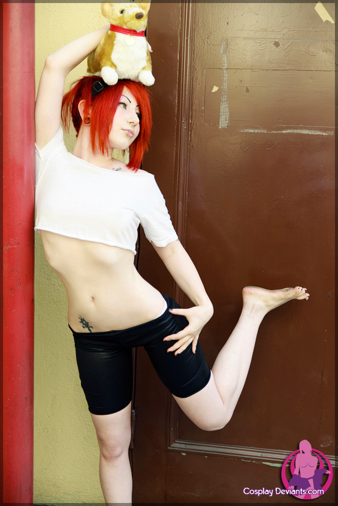 breasts cosplay female long_hair porphyria red_hair solo tattoo watermark