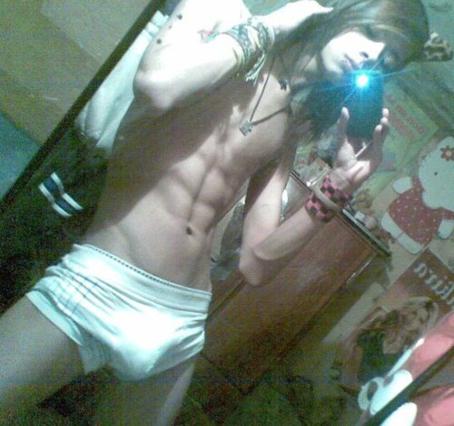 abs black_hair bulge gay hello_kitty male necklace pale_skin photo self_shot twink wristband