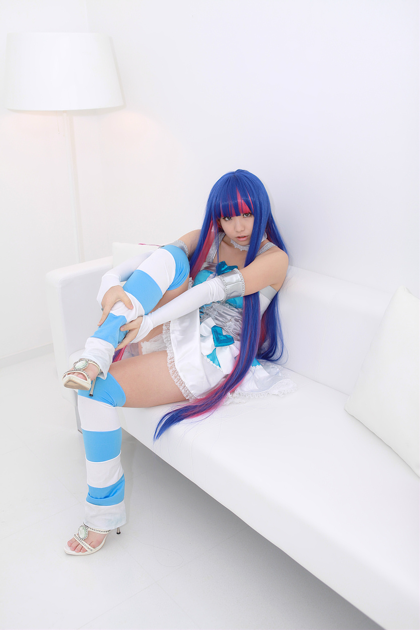 1girl asian blue_hair breasts cosplay enako female high_heels japanese long_hair panty_&amp;_stocking_with_garterbelt shoes solo stocking_(psg) thighhighs