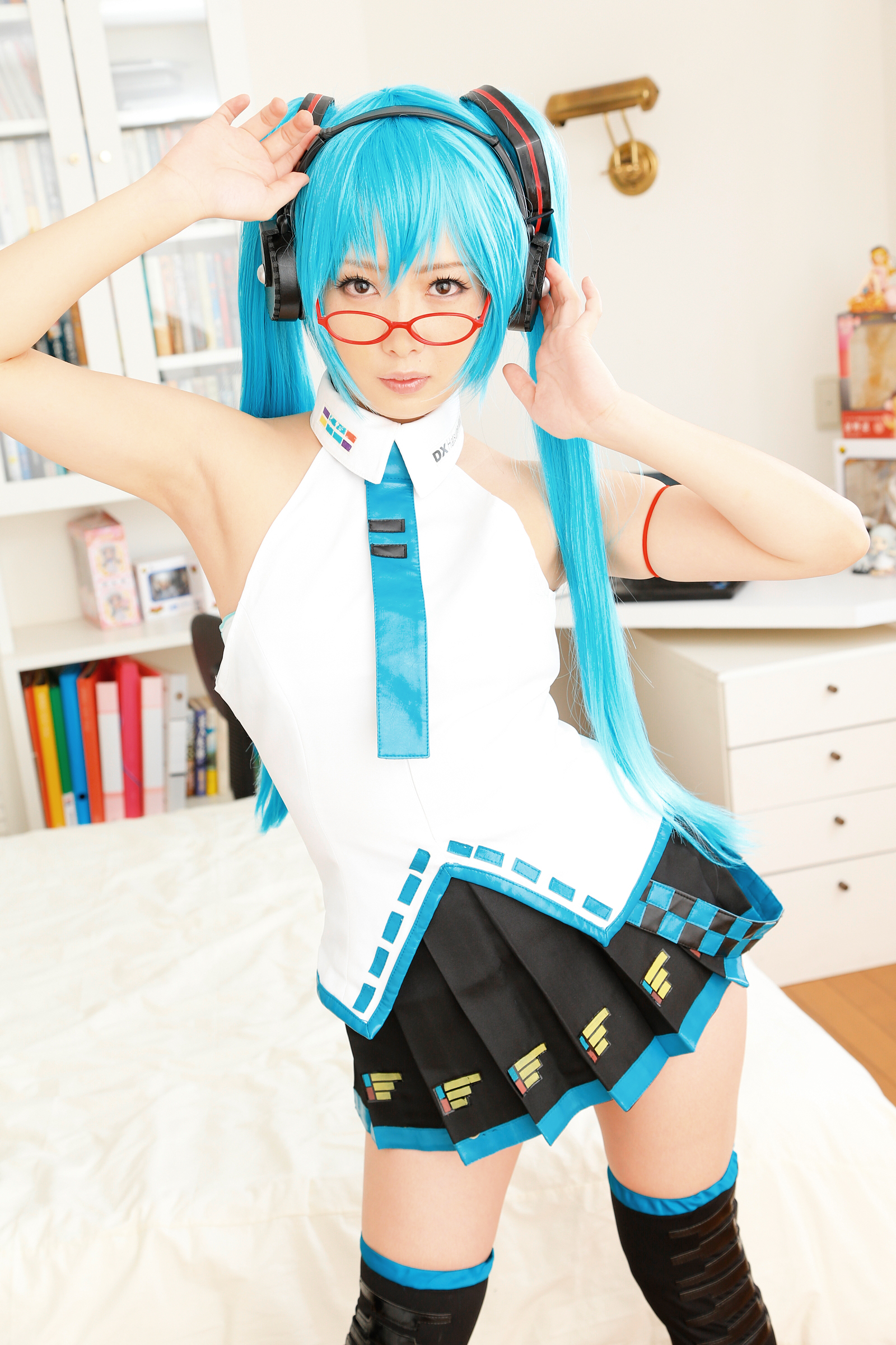 asian blue_hair cosplay female glasses headphones high_heels long_hair necktie shoes skirt socks solo