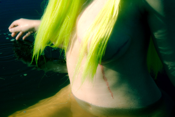 airbrushed ass breast breasts c.c. cc code_geass cosplay green_hair hair_over_breasts kururugi_suzako nude scar solo wading water