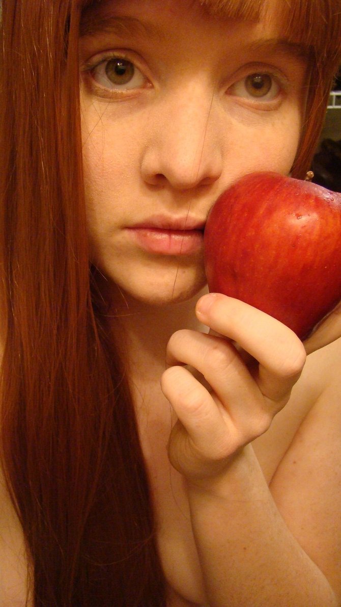 1girl apple breasts brown_hair cosplay female foxycosplay holo long_hair nude solo spice_and_wolf tagme