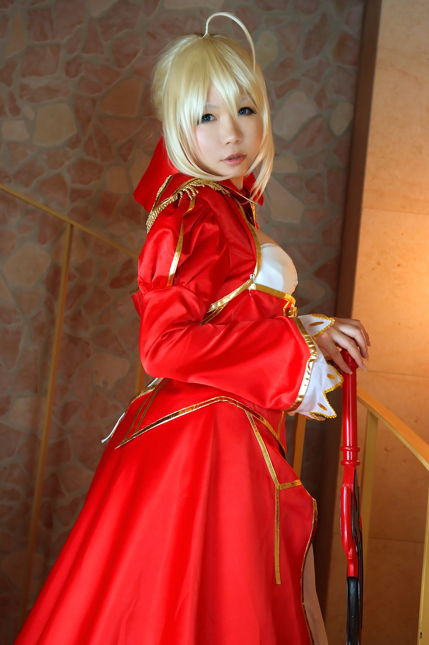 asian blonde_hair boots breasts cosplay dress female high_heels long_hair solo