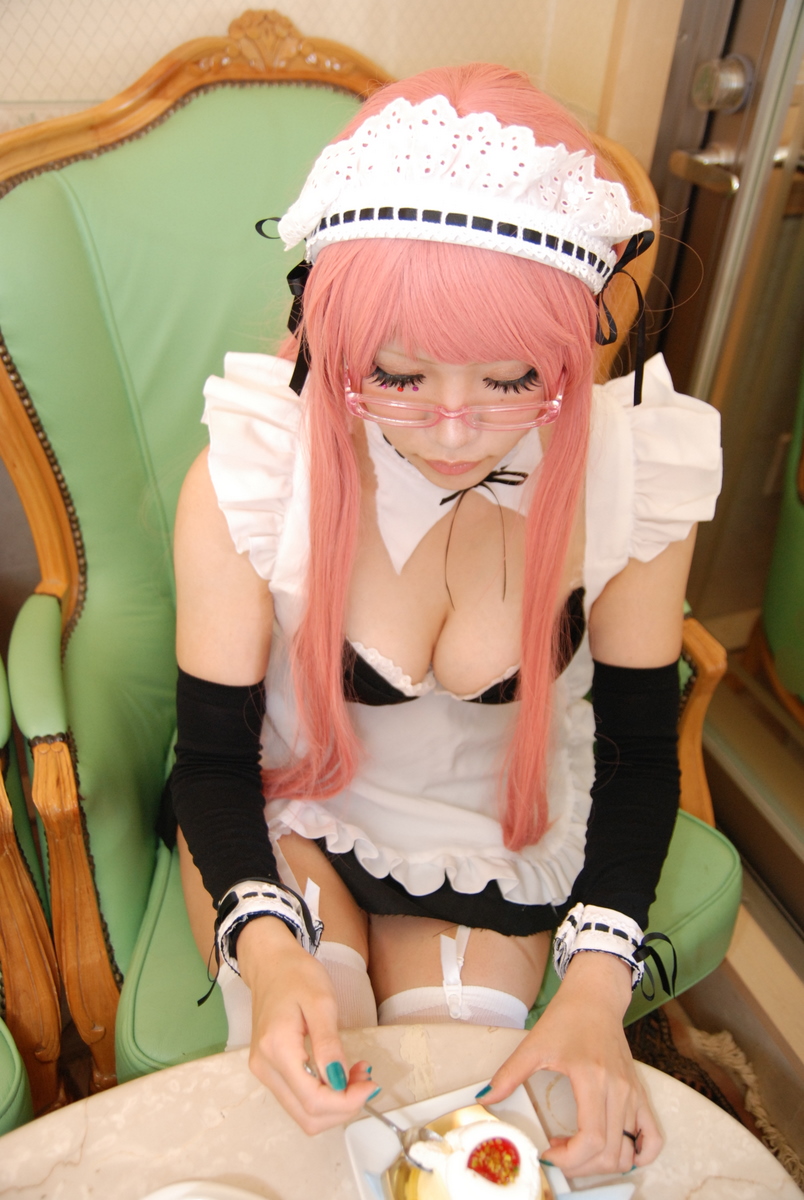 asian breasts cleavage female garter_belt high_heels long_hair maid pink_hair shoes solo thighhighs