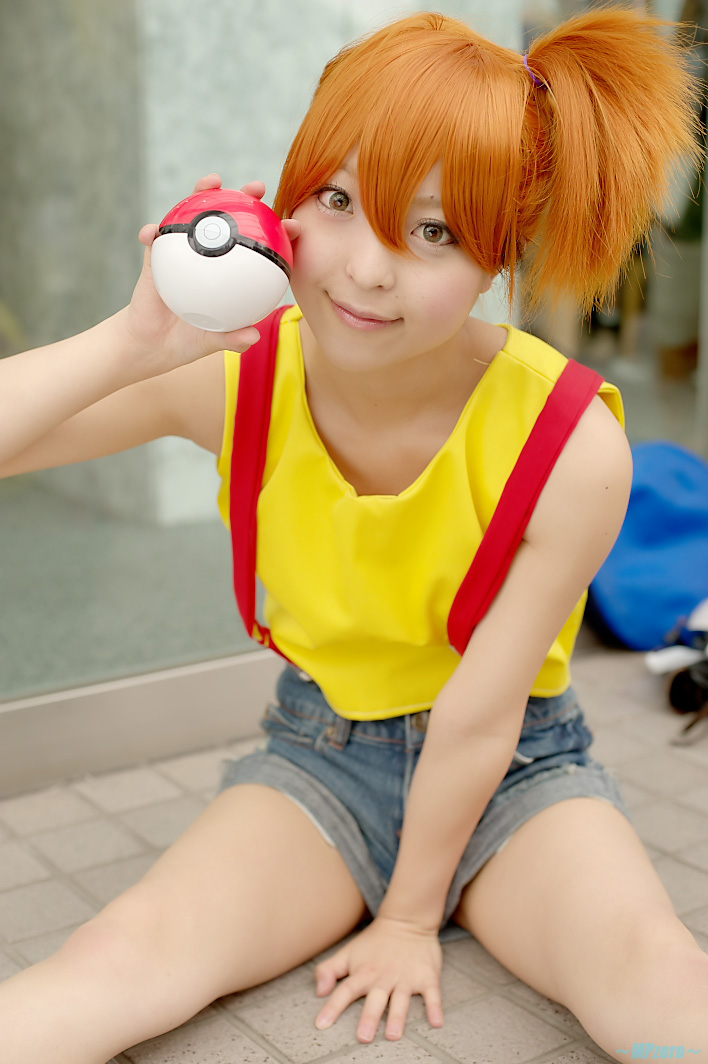asian cosplay hair misty_(pokemon) nintendo orange_hair photo pokeball pokemon real real_person shorts side_ponytail suspenders tank_top tomoyo