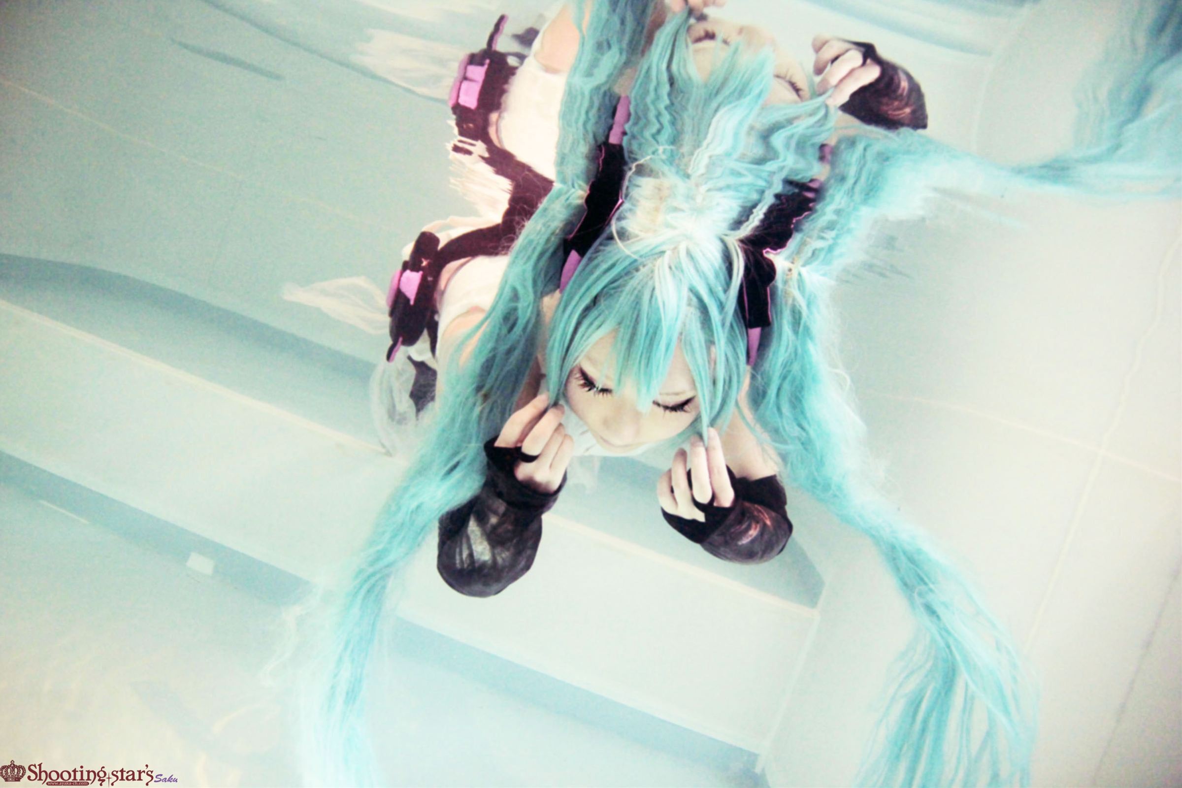 aqua_hair asian breasts cosplay elbow_gloves female gloves long_hair pigtails shooting_star solo watermark