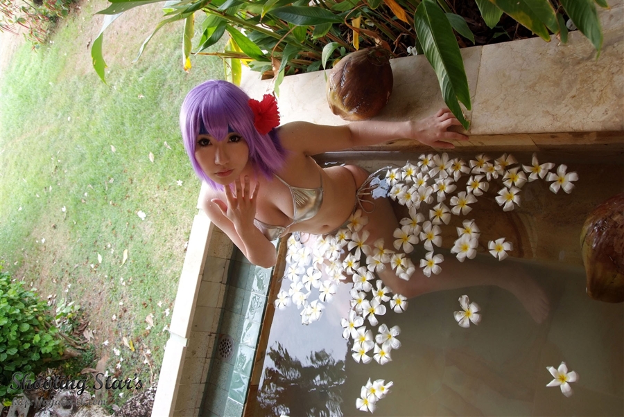 asian breasts cosplay female large_breasts purple_hair shooting_star short_hair solo