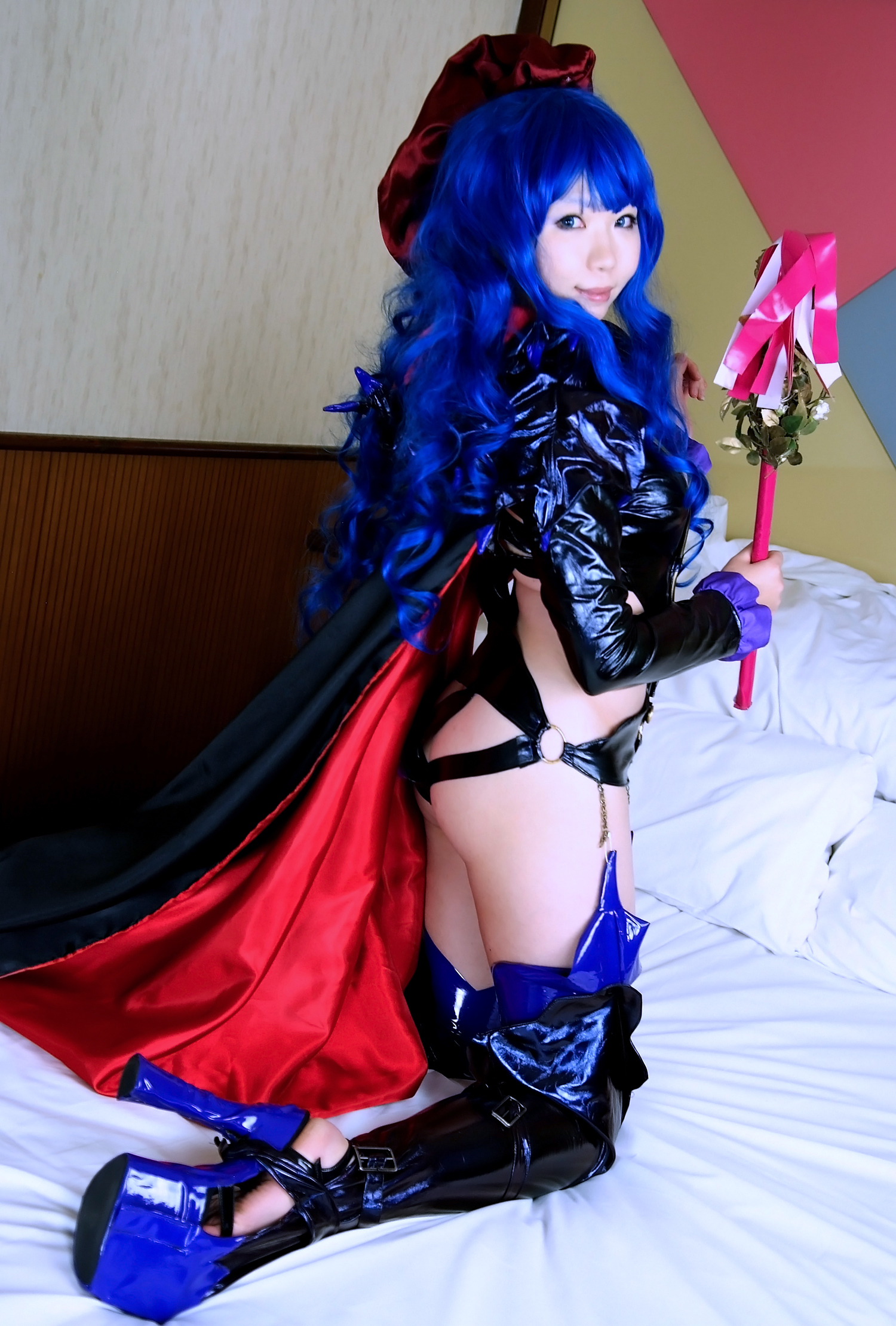 asian blue_hair breasts cosplay female high_heels latex long_hair panties shoes solo thighhighs