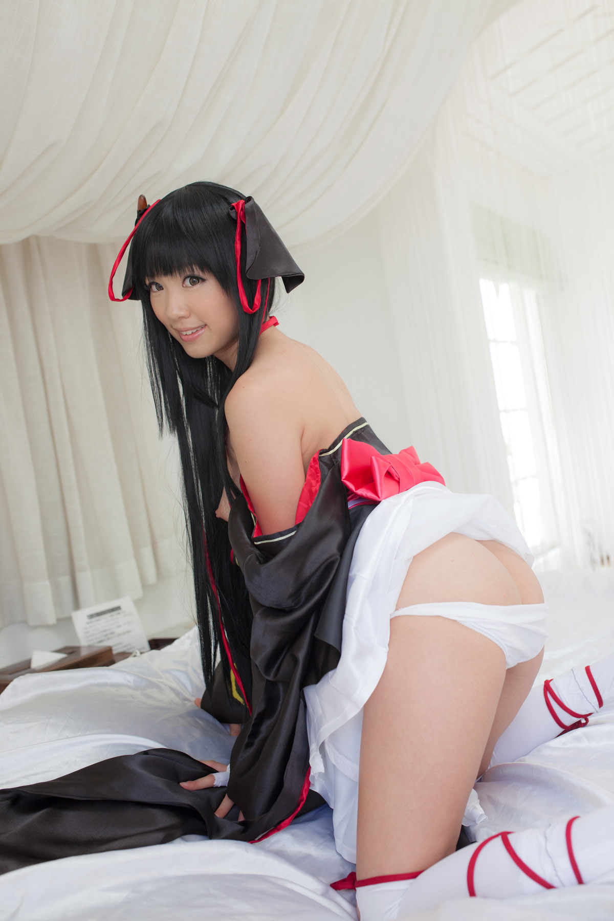 asian bare_shoulders black_hair breasts cosplay dress female long_hair shoes socks solo