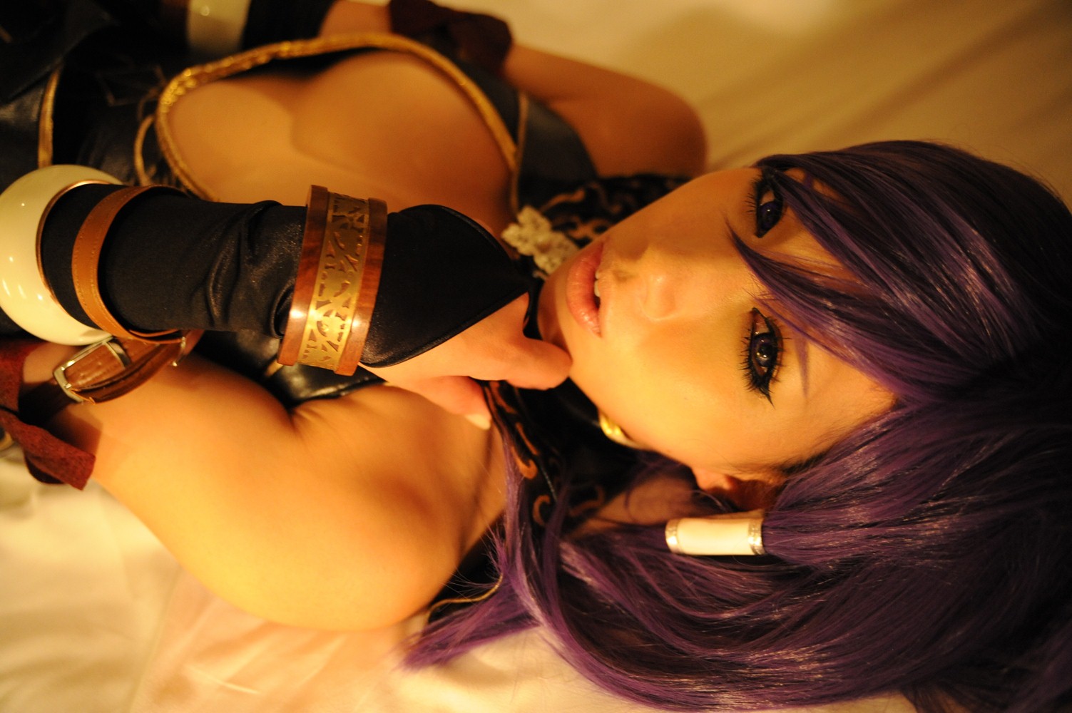 asian boots breasts cleavage cosplay female high_heels large_breasts long_hair nonsummerjack ponytail purple_hair solo