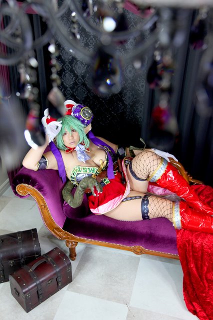 breasts chouzuki_maryou cosplay female green_hair huge_breasts long_hair pointy_ears snake solo watermark
