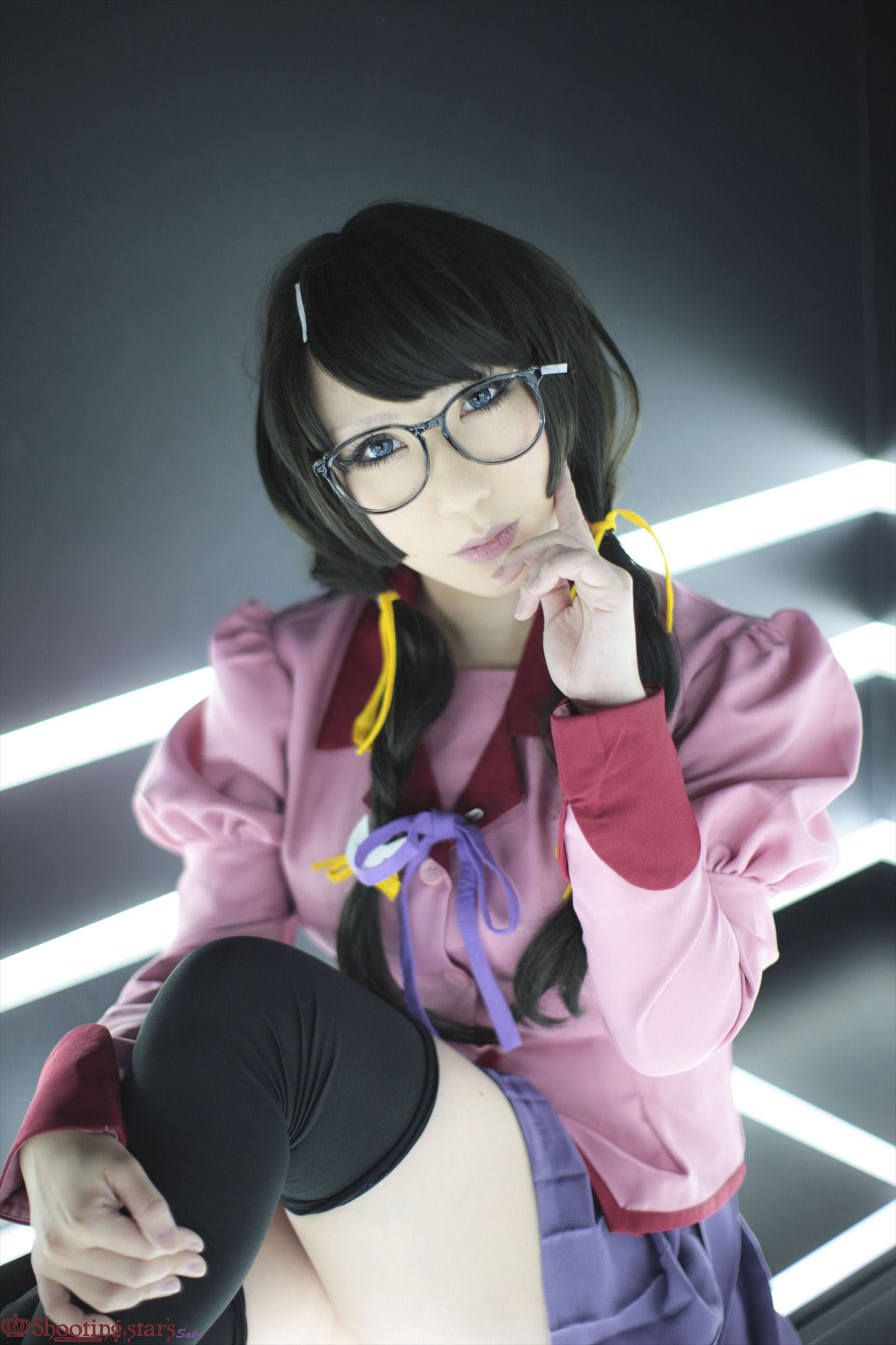 asian black_hair breasts cosplay female glasses high_heels kneehighs long_hair shoes shooting_star skirt solo watermark