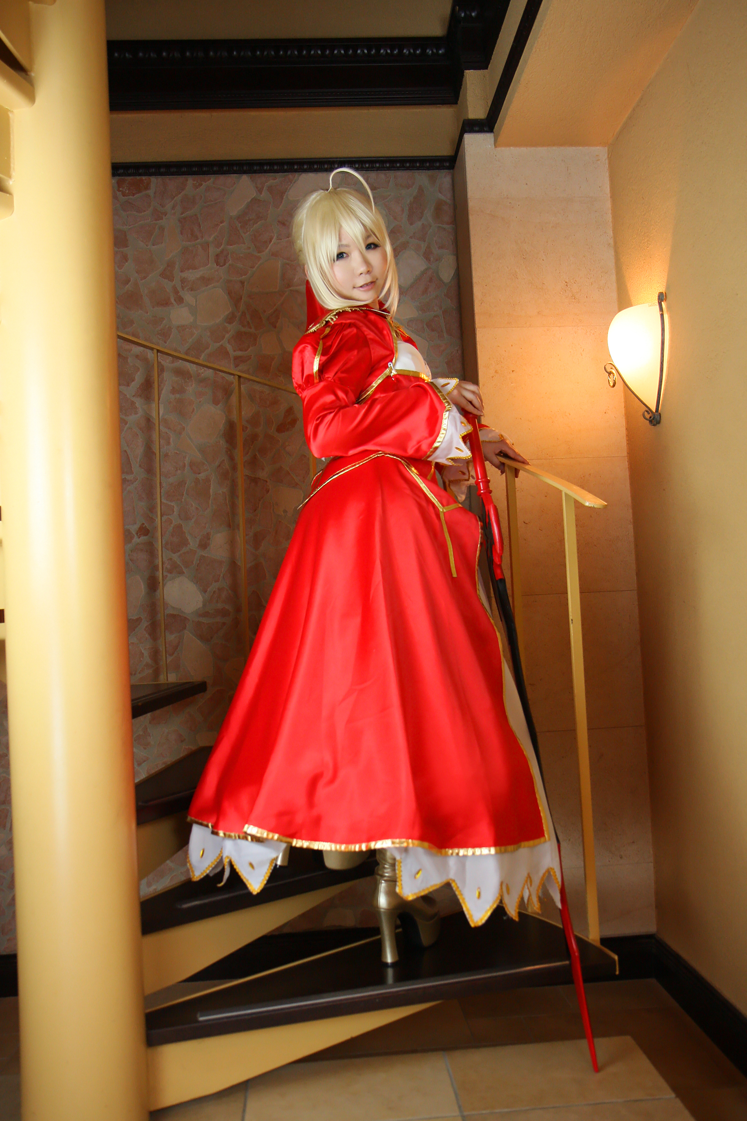 asian blonde_hair boots breasts cosplay dress female high_heels long_hair solo