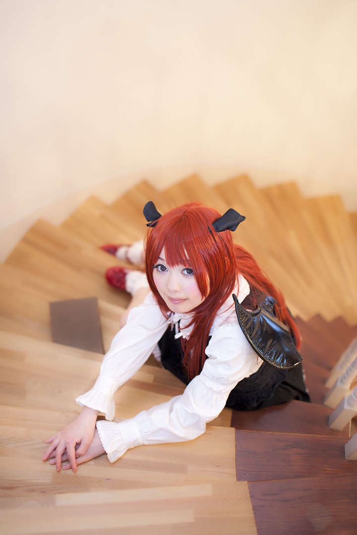 asian breasts cosplay female long_hair red_hair shizuku solo stairs
