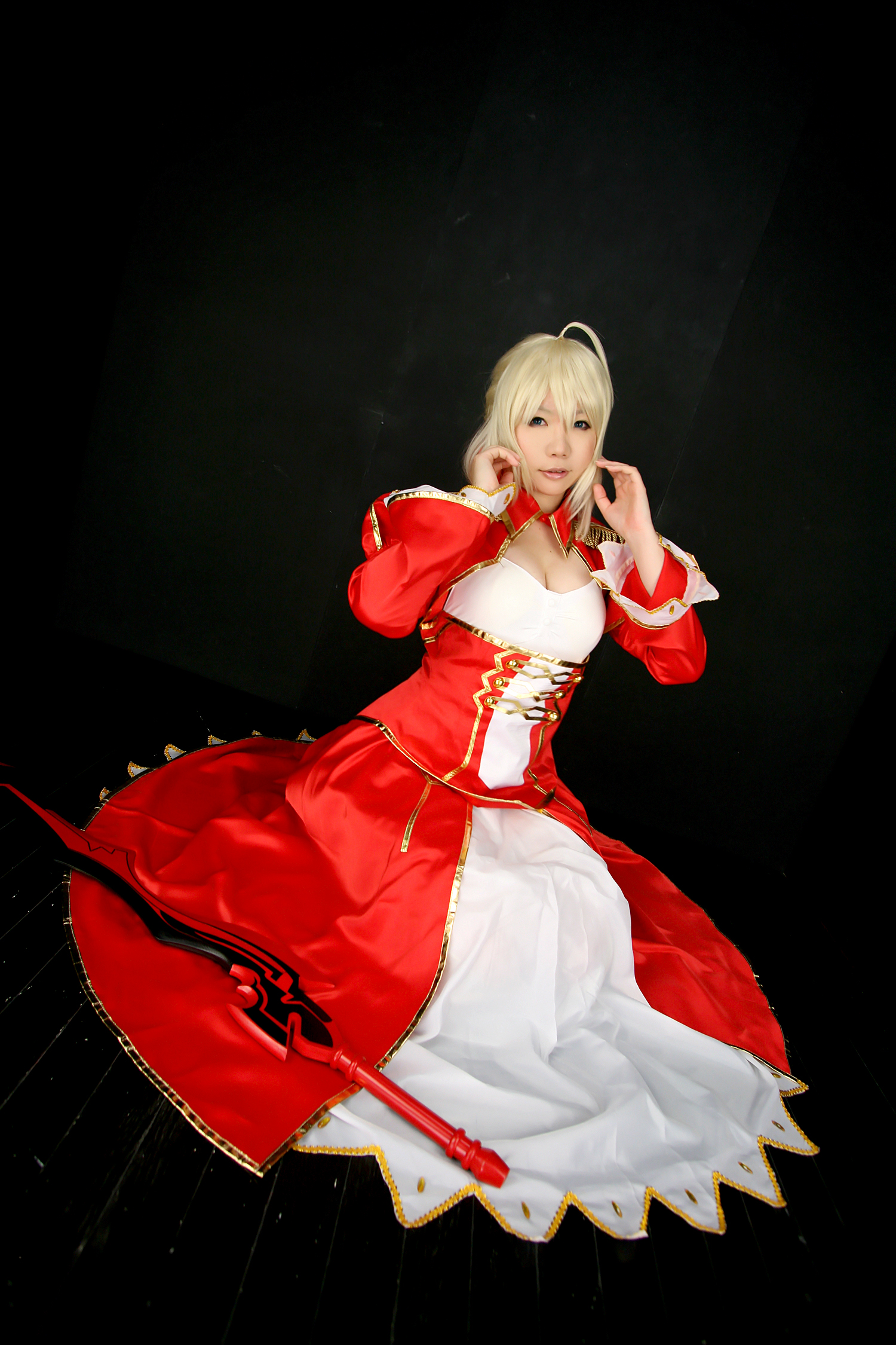 asian blonde_hair boots breasts cosplay dress female high_heels long_hair solo sword