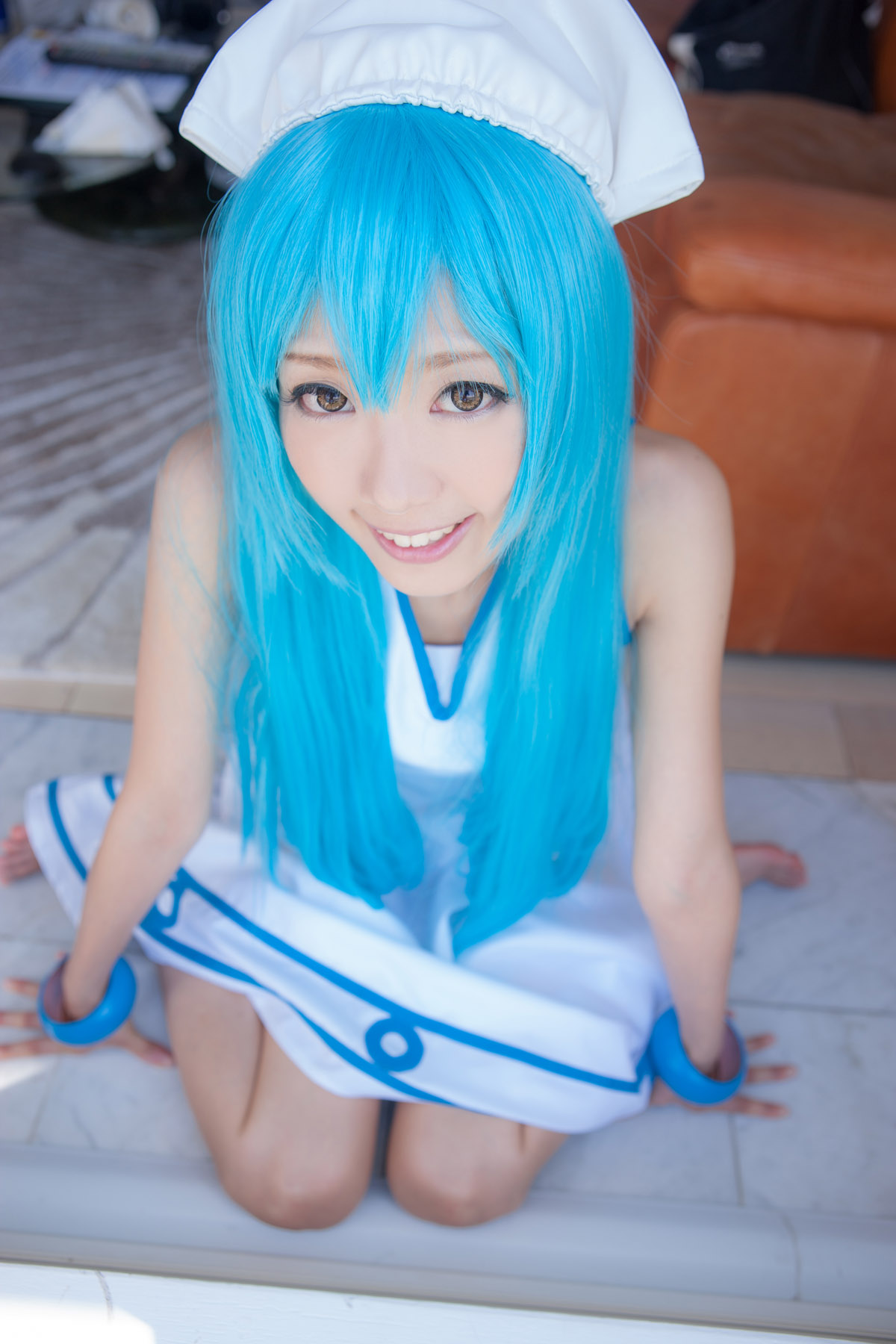 1girl asian blue_hair breasts cosplay dress female hat ikamusume japanese long_hair outside saotome_love shinryaku!_ikamusume smile solo