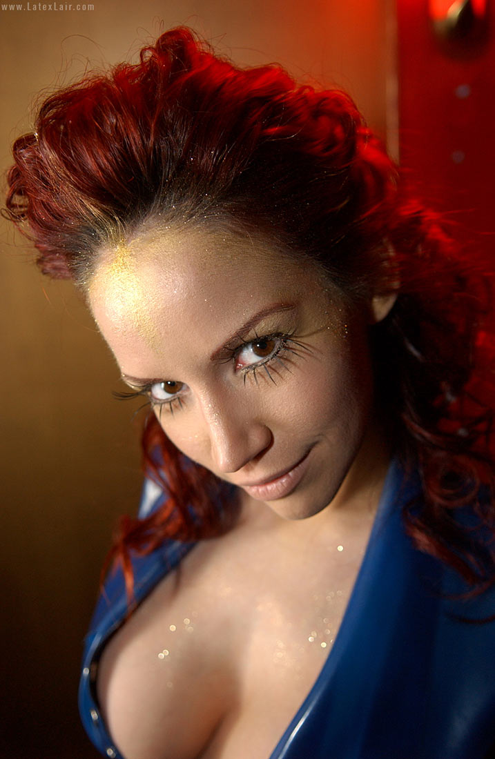 bianca_beauchamp breasts female large_breasts latex long_hair red_hair solo watermark