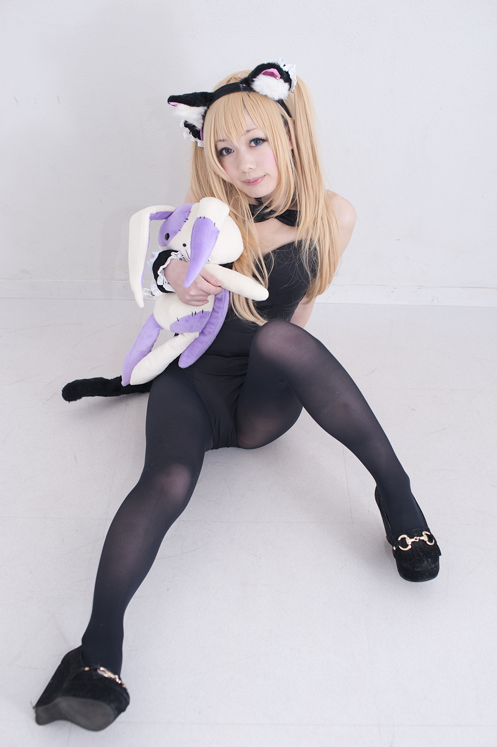 asian blonde_hair breasts cat_ears female long_hair pantyhose solo stuffed_animal twintails
