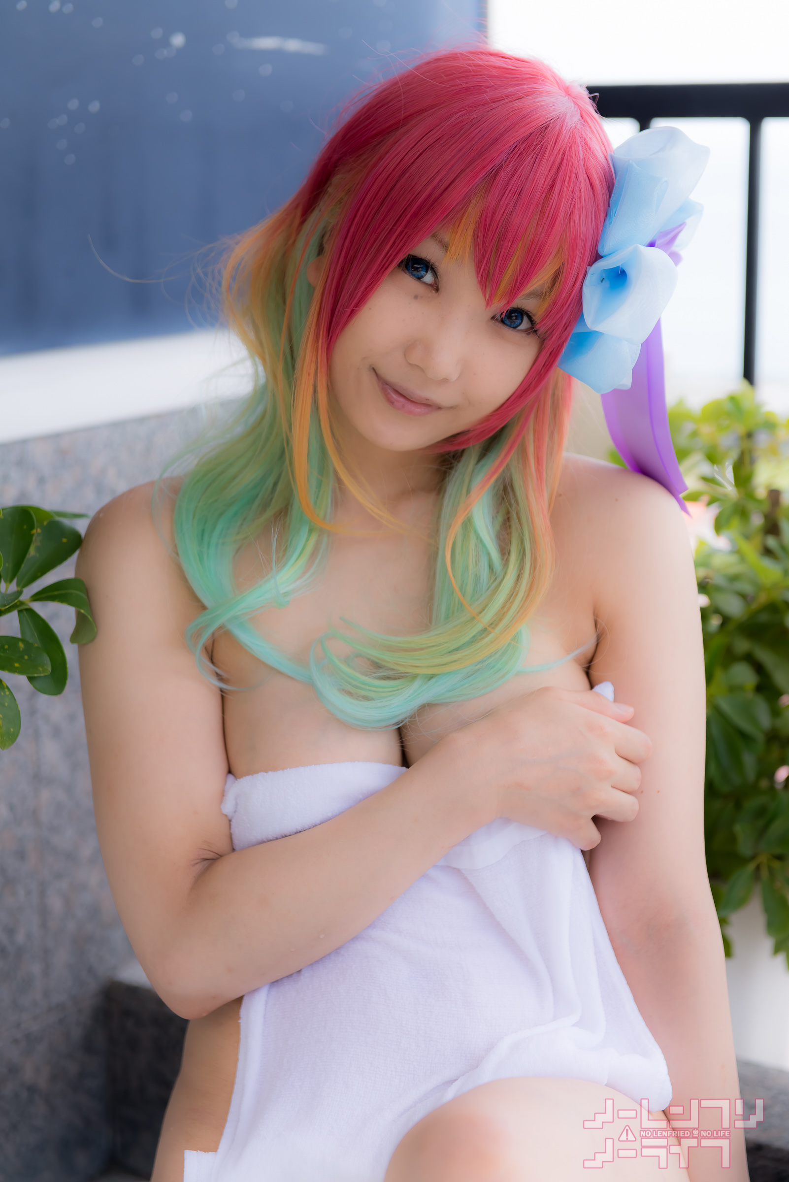 asian breasts cosplay female lenfried long_hair pink_hair solo watermark