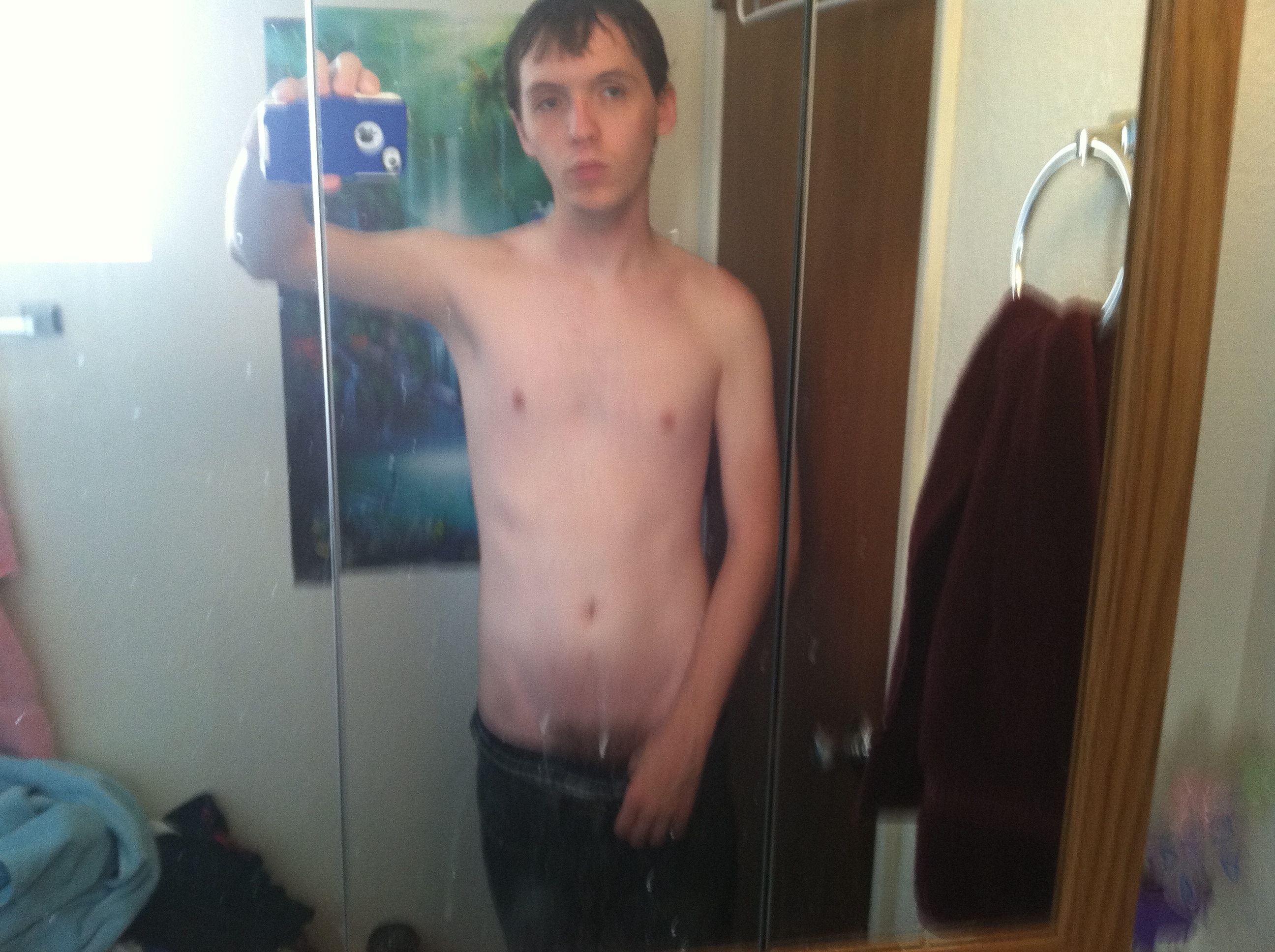 blue_eyes blurry boxers boy brown_hair camwhore gay iphone male mirror photo selfpic tease teen topless